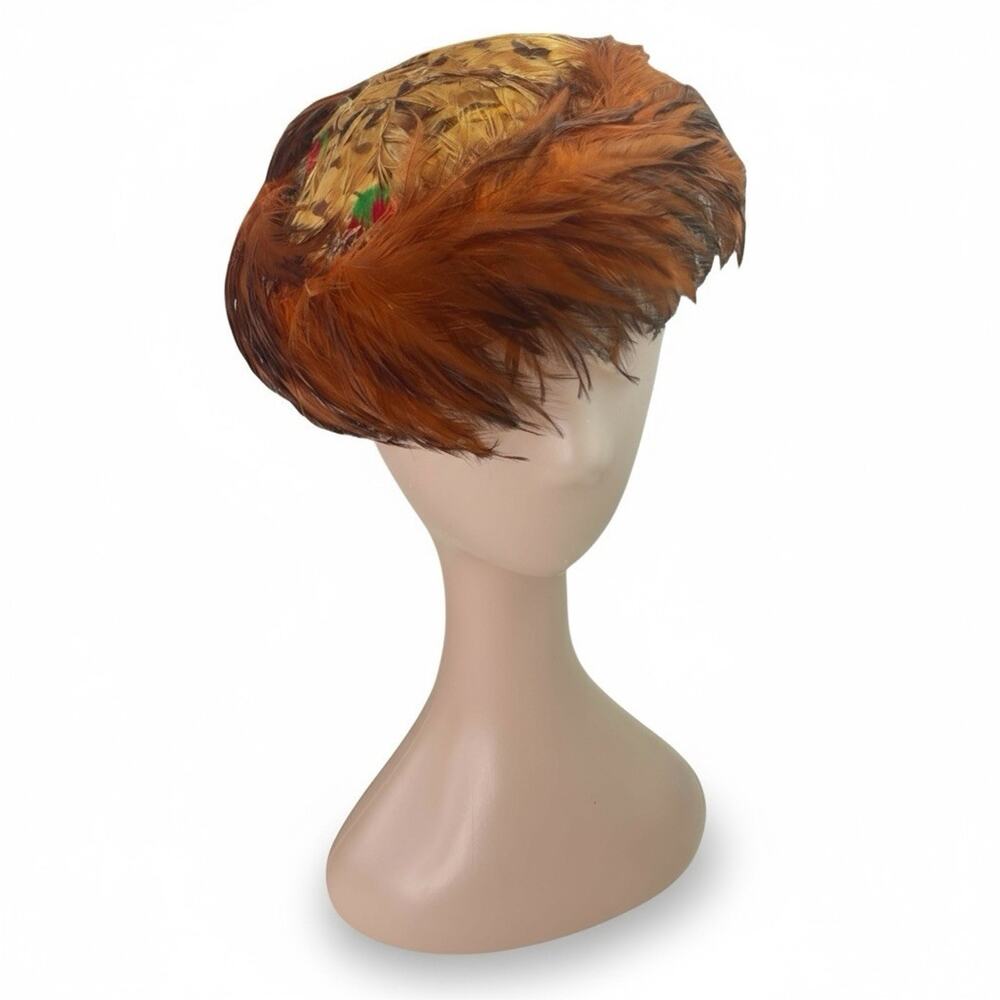 Vintage 1940s Feather Tilt Hat Brown Pheasant Rooster Hollywood Glam Millinery